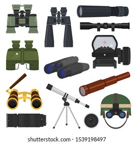 Binoculars vector optical equipment spyglass optics look-see looking far view illustration set of binocular spy search zoom instrument isolated on white background.