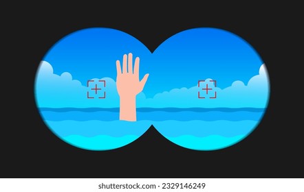 binoculares ver la mano del hombre ahogado en la ilustración del vector de agua 