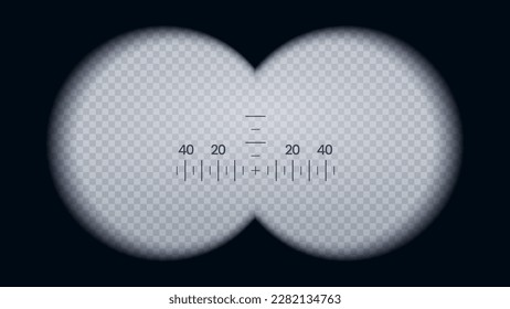 Vista de binoculares, marco vectorial aislado en forma de gafas para observación o espionaje en objetos distantes con lente de círculo y escala de medición de enfoque. Dispositivo de visión óptica para la ampliación con escala