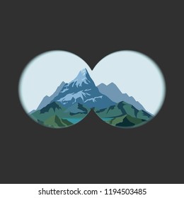 Binoculars view on mountains landscape. Optics with transparent soft edges lens and Measuring scale. Two circles with transparency fields. Vector