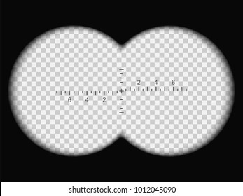 Binoculars view. Realistic vector illustration with transparent gradient lens. Framework for military, hunting or tourist designs. Two circles with transparency fields. Measuring scale in the center.