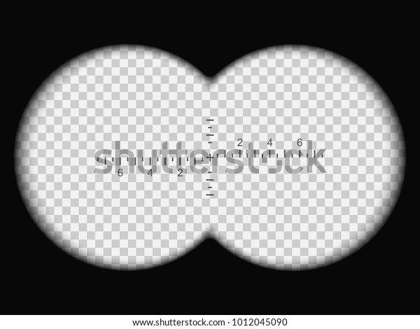 Binoculars view. Realistic vector illustration\
with transparent gradient lens. Framework for military, hunting or\
tourist designs. Two circles with transparency fields. Measuring\
scale in the\
center.