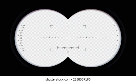 Binoculars view. Spy POV, optical binocular aim sight and telescope zoom frame. Tourist point of view overlay vector template of military spy optical glass vision illustration