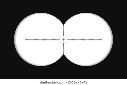 Binoculars view. Spy POV, optical binocular aim sight and telescope zoom frame. Frames for military, hunting or outdoor projects. Two circles with transparency fields. Vector illustration