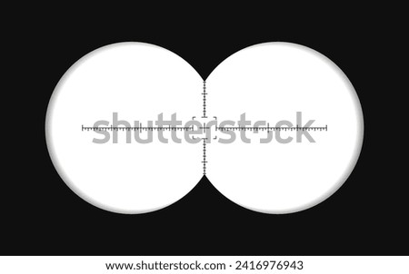 Binoculars view. Spy POV, optical binocular aim sight and telescope zoom frame. Frames for military, hunting or outdoor projects. Two circles with transparency fields. Vector illustration