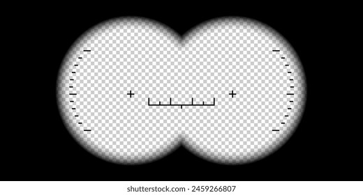 Binoculars viewfinder. Binocular POV frame with aim sight and measuring scale, watcher view look through the binoculars lenses. Realistic 3d vector template. Equipment for hunting, observing