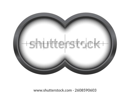 Binoculars viewfinder overlay on transparent background. Spy POV. Circular dual lens with crosshair marks and range scale. Military, hunting or spy optical instrument. Realistic vector illustration.