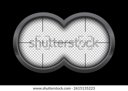 Binoculars viewfinder overlay on transparent background. Spy POV. Circular dual lens with crosshair marks and focus frame. Military, hunting or spy optical instrument. Realistic vector illustration.