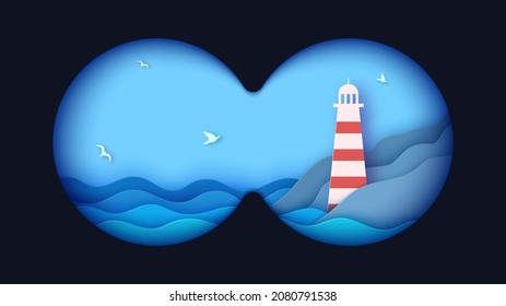Binoculars Viewfinder Template. Realistic 3d Illustration Of Transparent Gradient Lens And Sea Landscape. Vector Card Of View Binoculars With Soft Blurry Edges And Ocean Waves In Paper Cut Style
