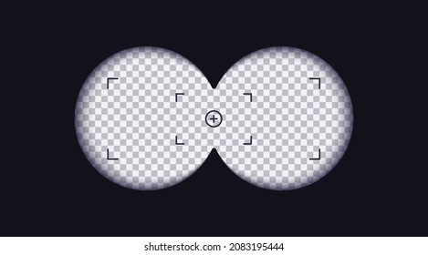Binoculars viewfinder template. Vector card of view binoculars with soft blurry edges and transparency fields with measuring scale in the center. Realistic 3d illustration of transparent gradient lens