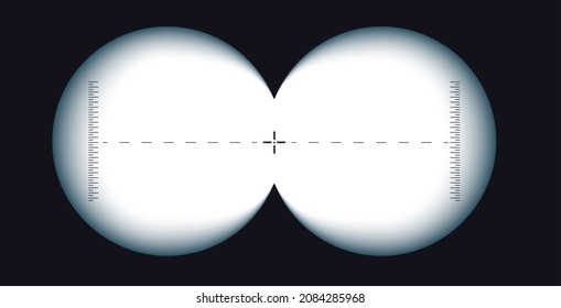Binoculars viewfinder template. Vector card of view binoculars with soft blurry edges and transparency fields with measuring scale in the center. Realistic 3d illustration of transparent gradient lens