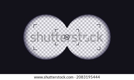 Binoculars viewfinder template. Vector card of view binoculars with soft blurry edges and transparency fields with measuring scale in the center. Realistic 3d illustration of transparent gradient lens