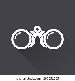 Binoculars - white icon with a long shadow on a black background. Vector illustration.