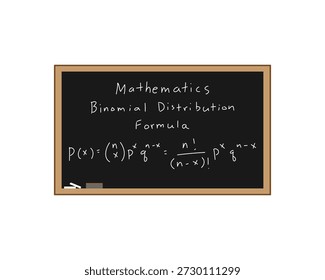 Fórmula de distribución binomial en una pizarra escrita a mano como una ecuación matemática para demostrar la enseñanza y la escritura de fórmulas matemáticas a mano. Pizarra negra con tiza blanca y goma de borrar en la esquina inferior izquierda. Todo sobre un fondo blanco.