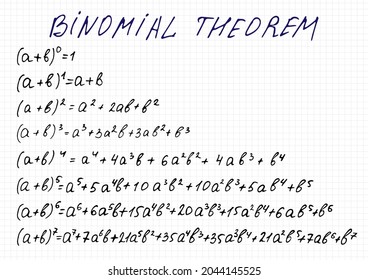 Binomial expansion for powers 0 to 7. Vector illustration of handwritten equations on a checkered sheet of paper