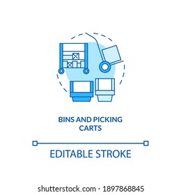 Bins and picking carts concept icon. Key warehouse equipment. Storage for your store items. Business idea thin line illustration. Vector isolated outline RGB color drawing. Editable stroke