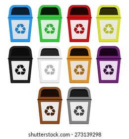 Bins of selective collection. Colored bins for selective collection of paper, plastic, glass, metal, wood, medical waste, radioactive waste, organic waste