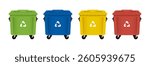 Сolored bins for waste sorting. Big recycling trash cans.Vector flat cartoon clip art.