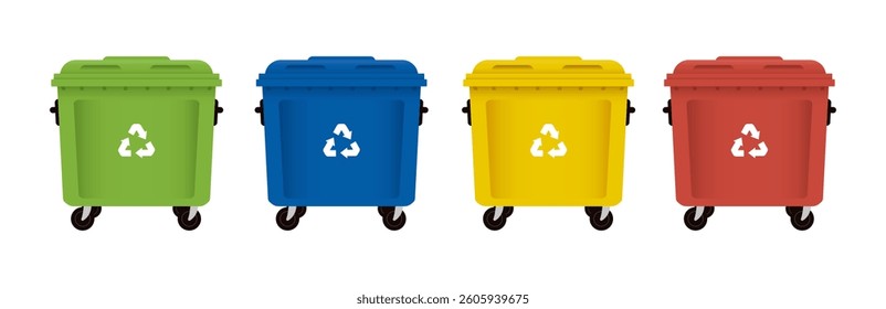 Сolored bins for waste sorting. Big recycling trash cans.Vector flat cartoon clip art.