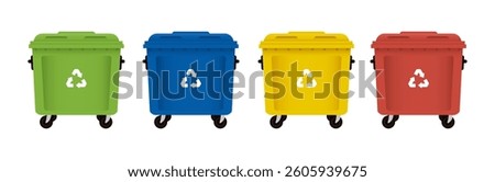 Сolored bins for waste sorting. Big recycling trash cans.Vector flat cartoon clip art.