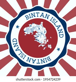 Bintan Island Badge. Round logo of island with triangular mesh map and radial rays. EPS10 Vector.