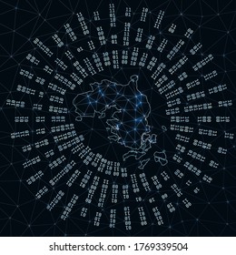 Bintan Island digital map. Binary rays radiating around glowing island. Internet connections and data exchange design. Vector illustration.