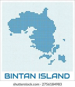 Bintan Island digital style map with blue rounded rectangle dots. Indonesia. Dotted boundary shape. Bintan Island blue colored map and title on white background. Creative Vector Illustration.