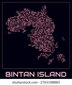 Bintan Island digital style map. Small circle dots on dark background. Dotted shape of the island. Vector map and title. Awesome vector illustration.