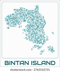 Bintan Island digital style map. Small roundedSquare dots on white background. Dotted shape of the island. Vector map and title. Amazing vector illustration.