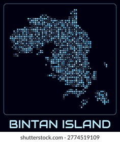 Bintan Island digital style map. Small roundedSquare dots on dark background. Dotted shape of the island. Vector map and title. Elegant vector illustration.