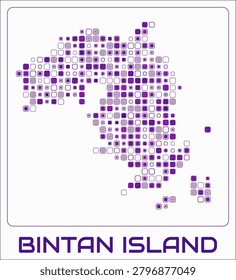 Bintan Island digital style map. Large roundedSquare dots on white background. Dotted shape of the island. Vector map and title. Modern vector illustration.