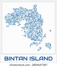 Bintan Island digital style map. Small square dots on white background. Dotted shape of the island. Vector map and title. Creative vector illustration.