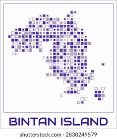 Bintan Island digital style map. Large square dots on white background. Dotted shape of the island. Vector map and title. Creative vector illustration.