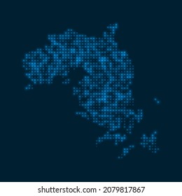 Mapa brillante de la isla de Bintan. Forma de la isla con bombillas azules brillantes. Ilustración vectorial.