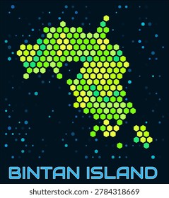 Bintan Island hexagon dots map. Digital style boundary shape. Bintan Island map and title. Large green colored hexagons, sparse blue dots at background. Vector Illustration.