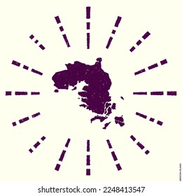 Bintan Island Logo. Grunge sunburst poster with border map. Shape of Bintan Island filled with hex digits with sunburst rays around. Stylish vector illustration.