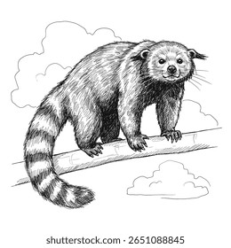 Binturong - Arctite binturong. Penandink desenho de um binturong em um ramo temático para a conservação da vida selvagem ou materiais educacionais que precisam de um toque artístico.