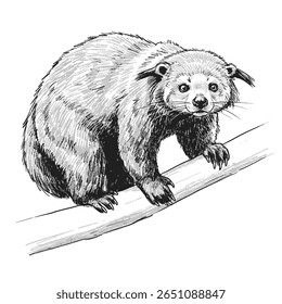 Binturong - Arctite binturong. Penandink desenho de um binturong em um ramo temático para a conservação da vida selvagem ou materiais educacionais que precisam de um toque artístico.