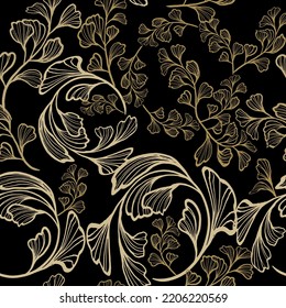 Binweed. Luxury gold floral seamless pattern. Beautiful flowers. Patterned leafy background. Repeat ornamental vector backdrop. Lines ornate binweeds leaves, branches. Vintage gold flowers ornaments. 