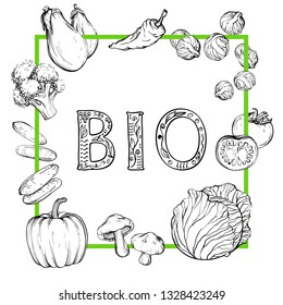 Bio Background with hand-drawn vegetables, black and white, vector illustration in vintage style