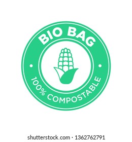 Bio Bag 100% Compostable made of corn. Round and green symbol.