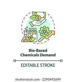Icono de concepto de demanda de productos químicos basados en el bio. Tendencia del mercado mundial. Industria de la biotecnología creciente ilustración de la delgada línea de ideas. Dibujo de contorno aislado. Trazo editable. Fuentes Arial, Myriad Pro-Bold utilizadas