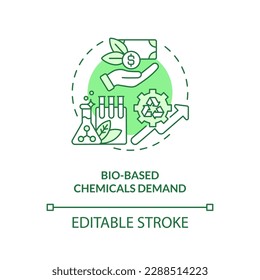 Bio based chemicals demand green concept icon. Global market trend. Biotech industry growing idea thin line illustration. Isolated outline drawing. Editable stroke. Arial, Myriad Pro-Bold fonts used
