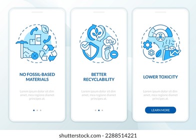 Bio based materials advantages blue onboarding mobile app screen. Walkthrough 3 steps editable graphic instructions with linear concepts. UI, UX, GUI template. Myriad Pro-Bold, Regular fonts used