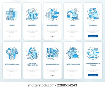 Bio based materials blue onboarding mobile app screen set. Bioproducts walkthrough 5 steps editable graphic instructions with linear concepts. UI, UX, GUI template. Myriad Pro-Bold, Regular fonts used