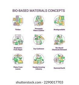 Conjunto de iconos de concepto de materiales basados en bio. Soluciones sostenibles. Ilustraciones de color de línea delgada de productos biodegradables. Símbolos aislados. Trazo editable. Fuentes Roboto-Medium, Myriad Pro-Bold utilizadas