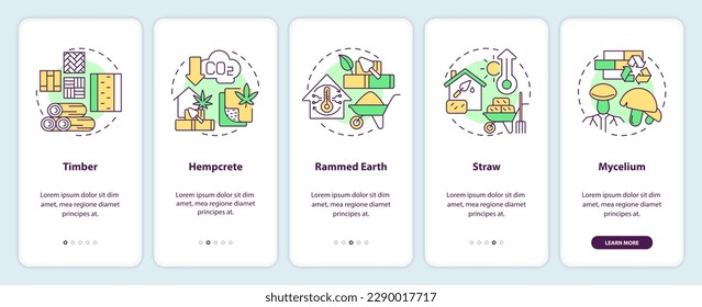 Bio based materials in construction onboarding mobile app screen. Walkthrough 5 steps editable graphic instructions with linear concepts. UI, UX, GUI template. Myriad Pro-Bold, Regular fonts used