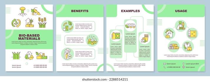 Bio based materials green brochure template. Biobased products. Leaflet design with linear icons. Editable 4 vector layouts for presentation, annual reports. Arial-Black, Myriad Pro-Regular fonts used