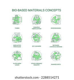 Conjunto de iconos de concepto verde de materiales basados en bio. Ecológico. Ilustraciones de color de línea delgada de productos biodegradables. Símbolos aislados. Trazo editable. Fuentes Roboto-Medium, Myriad Pro-Bold utilizadas