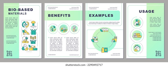 Bio based materials green gradient brochure template. Bio economy. Leaflet design with linear icons. Editable 4 vector layouts for presentation, annual reports. Arial, Myriad Pro-Regular fonts used